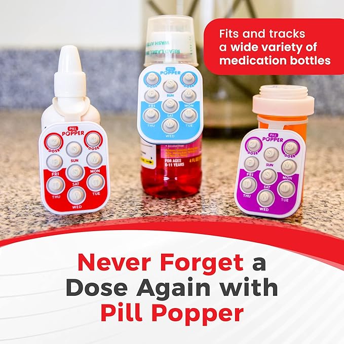Pill Popper Medication Tracker, Daily Pill Reminder, Small and Portable Memory Aid with Buttons, Attaches to Pill Container, Tracks up to 3 Doses per Day, Multicolor, 3-Pack - Easy To Use Products