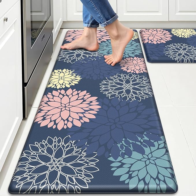 StepLively Kitchen Mats, 2 PCS Cushioned Anti-Fatigue Floral Pattern, Oeko-TEX Certified Washable Non-Slip Standing Mats for Kitchen, Office, Sink & Laundry (17.3"x30"+17.3"x47", Blue)