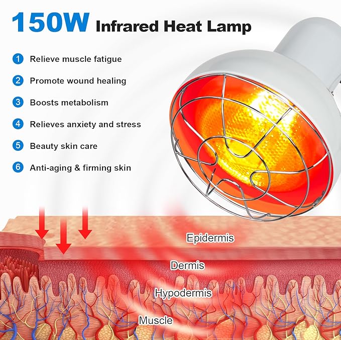 Profey Infrared Red Light Therapy with Timer, Heat Lamp Device with 150W Bulb, Adjustable Near Infrared Light Heat Lamp Set for Body Neck Shoulder Joints Back Pain Relief, for Home & Office (White)