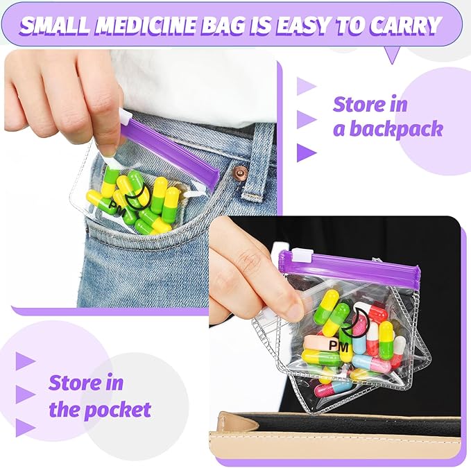 Colarr 14 Pcs AM PM Pill Pouches Bags Reusable Zippered Day and Night Pill Organizer with Slide Lock for Travel Medicine Case, 1 Large 14 Small(Clear, Purple)