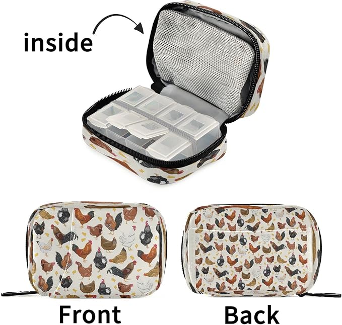 Hens Roosters Chickens Set Pill Organizer Case 7 Day Rustic Travel Pill Box with Zipper Portable Small Weekly Vitamin Medicine Supplement Holder Pouch Bag