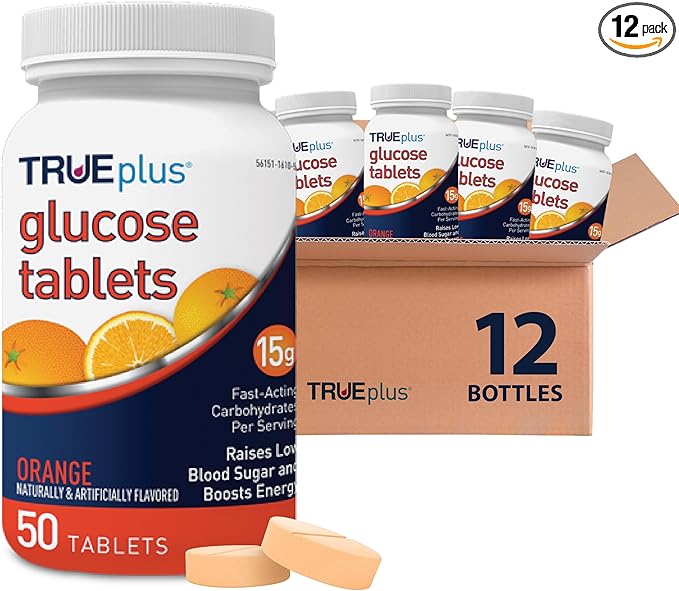 TRUEplus Glucose Tablets, Chewable, Orange Flavor, 15g Fast-Acting Carbohydrates, Fat Free, Gluten Free, Raise Low Blood Sugar and Boost Energy, 50 Count, 12 Bottles