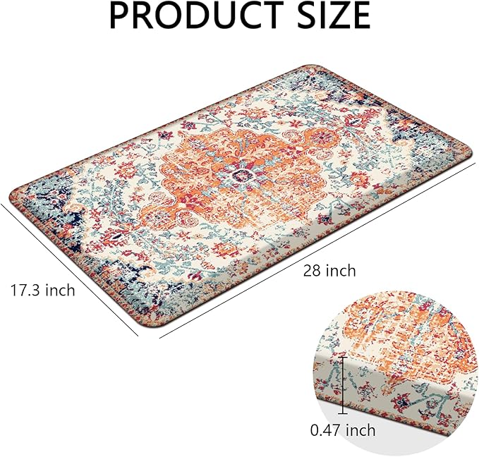 MAYHMYO Boho Kitchen Mat Anti Fatigue Ethnic Kitchen Cushioned Floor Mat Orange Blue Kitchen Rugs Non Slip Cool Rugs for Kitchen Floor Office