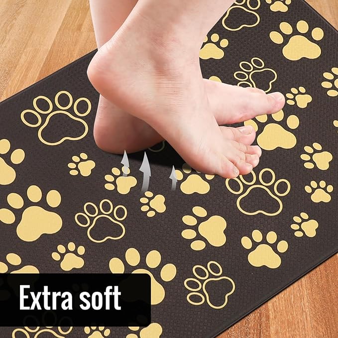 Black and Gold Kitchen Mats Cushioned Anti Fatigue Paws Print Kitchen Mats for Floor 2 Piece Waterproof Comfort Standing Mat for Desk, Sink, Stove, Laundry, 17"x30"+17"x47"