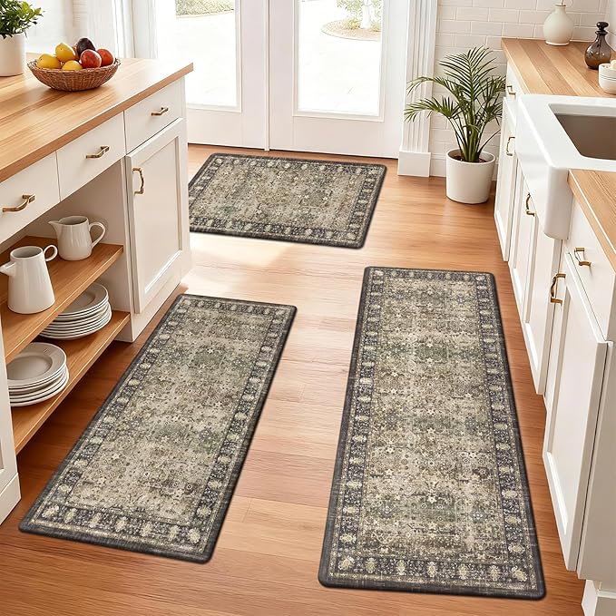 Pauwer Anti Fatigue Kitchen Floor Mats Set of 3, PVC Foam Padded Kitchen Rugs, Non Slip Cushioned Comfort Standing Mat, Waterproof Sink Rug for Small Kitchen Area, Laundry Room, Multi Brown