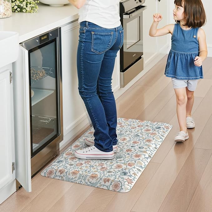 KIMODE Comfort Kitchen Mats for Floor Cushioned Anti Fatigue,Farmhouse Floral Spring Sink Rug Non Slip for Laundry,Extra Thick Memory Foam Padded Standing Desk Carpet for Office,Blue/White