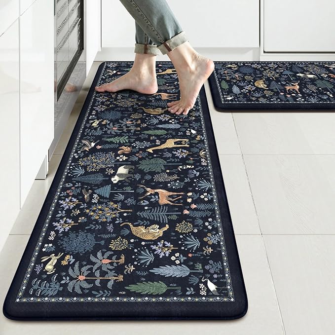 KIMODE Anti Fatigue Mats for Kitchen Floor,Farmhouse Animal Forest Kitchen Rugs Sets of 2 Non Slip,Comfort Cushioned Padded Kitchen Floor Mats for Laundry Sink Office,Dark Blue