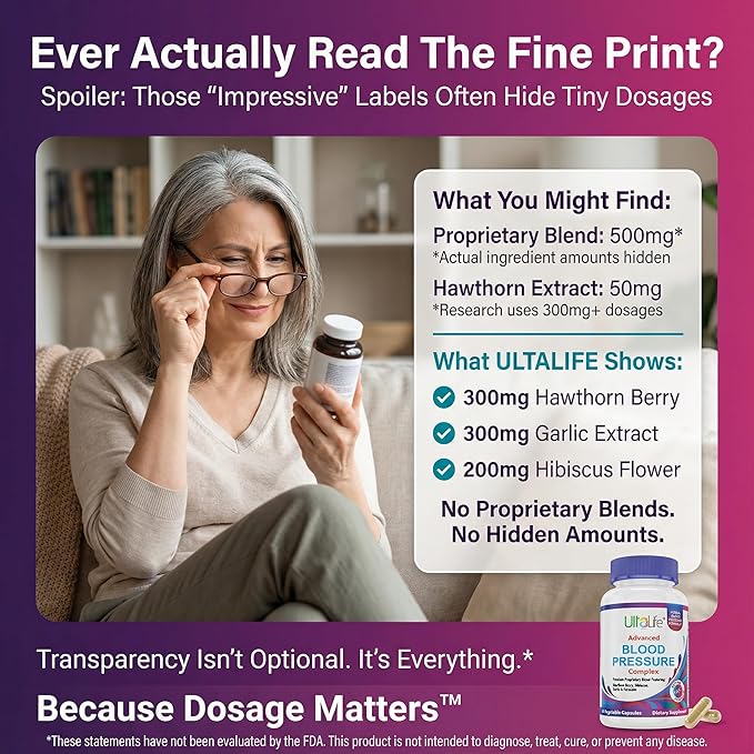 ULTALIFE Blood Pressure Supplements - Advanced Blood Pressure Supplement Complex - Hawthorn Berry, Hibiscus, Garlic, Forskolin - 14 Vitamins & Herbs, 30 Day Supply in Veggie Capsules