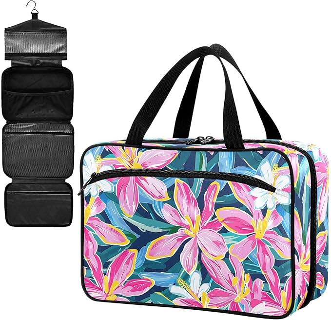 Fustylead Pink Lily Flowers Green Leaves Large Medical Supplies Organizer Bag with Zipper Empty First Aid Bag Trauma Kit for Traveling Hiking Camping