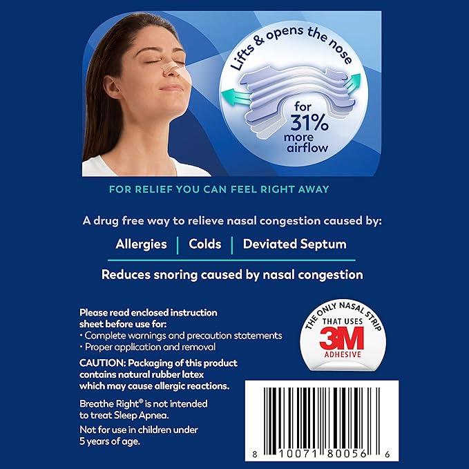 Breathe Right Nasal Strips | Extra Strength | Clear | For Sensitive Skin I Drug-Free Snoring Solution & Nasal Congestion Relief Caused by Colds & Allergies | 44 Count (Packaging May Vary)