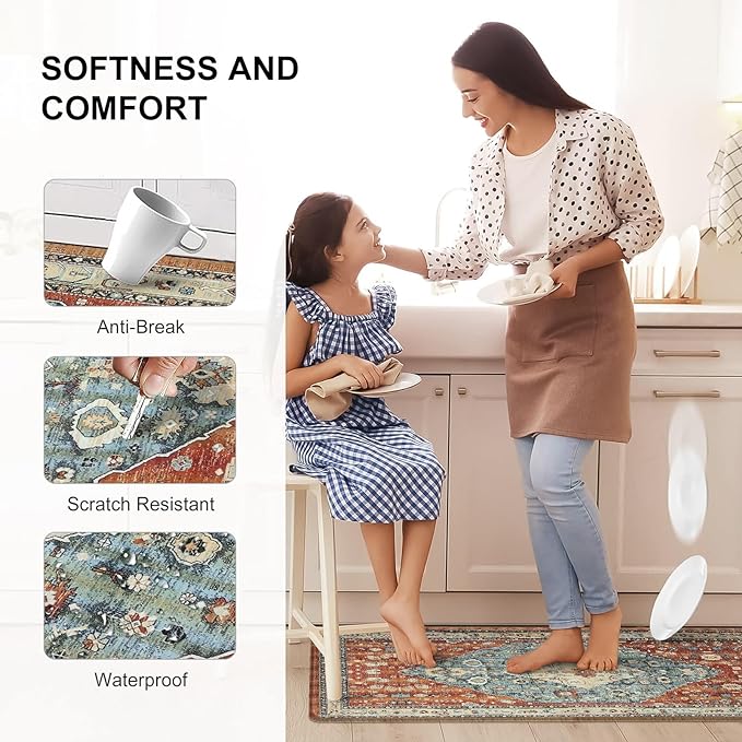 Collive Boho Kitchen Mats for Floor, Kitchen Mats Cushioned Anti Fatigue Waterproof Kitchen Rugs Sets of 2 Non-Skid Comfort Standing Mat for Kitchen, Office, Sink, Laundry, 20"x32"+20"x48"(Red)