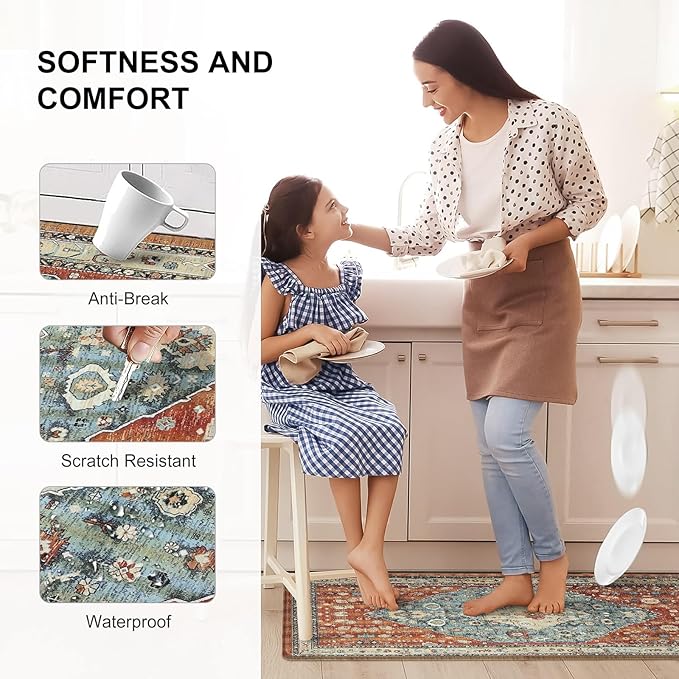 Collive Boho Kitchen Mat 2PCS, Cushioned Anti Fatigue Kitchen Mats for Floor Waterproof Kitchens Rugs Set of 2, Non Slip Comfort Standing Mat for Office, Sink, Laundry, 17.3"x29"+17.3"x59"