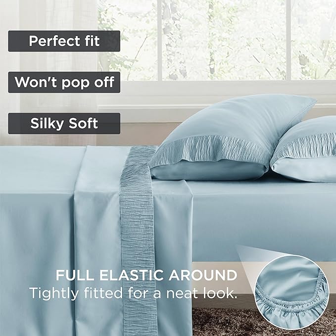 Bedsure Queen Sheet Set - 4 Pieces Soft Queen Size Sheets - Breathable & Cooling - Hotel Luxury - Easy Care Polyester Microfiber Bedding for Women, Men, Light Blue