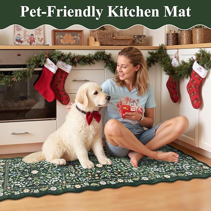 Yamaziot Anti Fatigue Kitchen Rugs Set of 3 - Boho Non Slip Waterproof Kitchen Mats for Floor, Boho Runner Rug for Kitchen Floor, Laundry, Office, 17.3"x29"+17.3"x35"+17.3"x47", Green & Black