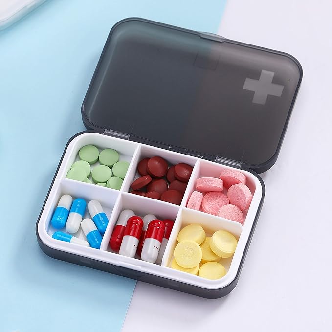 Portable Pill Organizer - Slim Pill Box for Purse or Travel, Compact Pill Case(6 Compartment,Gray)