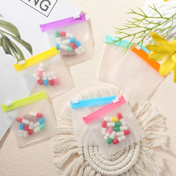 70 Pcs Pill Pouch Bags Zippered Reusable Medicine Pouches Travel Plastic Pill Bags Self Sealing Medicine Organizer with Slide Lock for Medication, Vitamins, Jewelry, Daily Small Items(Bright Style)