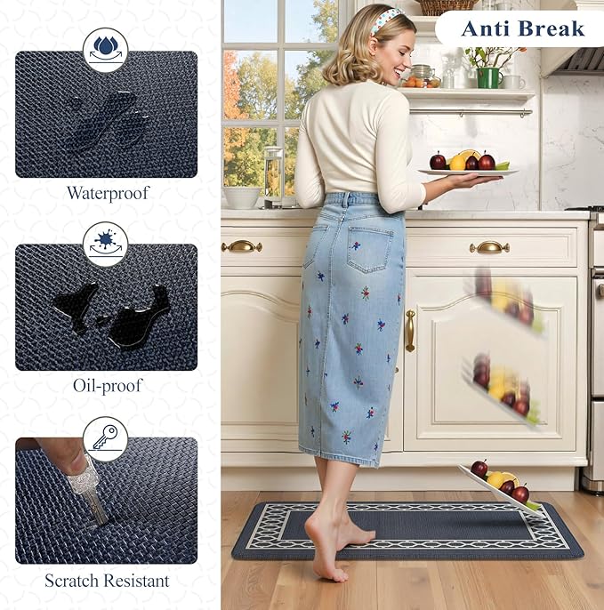 LEEVAN Kitchen Mats for Floor Set of 2,Anti Fatigue Mats for Kitchen Floor,Navy Blue Cushioned Non Slip Boho Standing Mat,Waterproof Memory Foam Comfort Kitchen Floor Mat for Sink(17"x29"+17"x47")