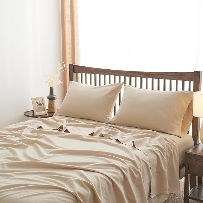 Simple&Opulence Belgian Linen Sheet Set Solid Color - 4 Pieces (1 Flat Sheet, 1 Fitted Sheet & 2 Pillowcases) Natural Flax Cotton Blend Soft Breathable Farmhouse Bedding - Full Size, Linen/Beige