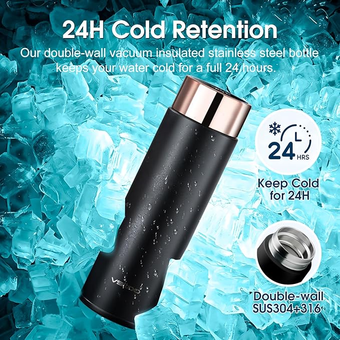 Vsitoo Smart self cleaning Insulated Water Bottle, 15oz Stainless Steel Vacuum Flask, AI Self-Clean, 30-Day Battery Life, BPA-Free, Magnetic Charging, Portable Travel Mug Gifts for Men Women, Black