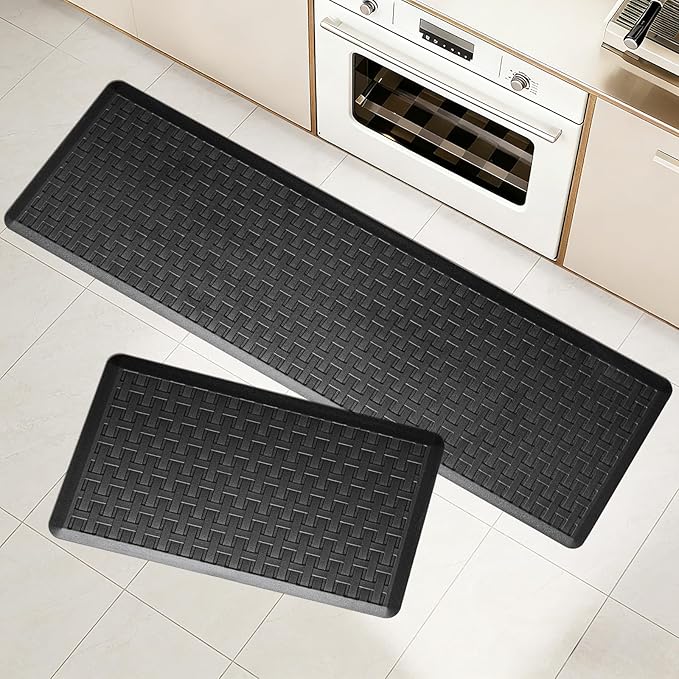 2PCS UKISS Kitchen Rugs, Cushioned Anti Fatigue Kitchen Mats for Floor, Waterproof Kitchen Rug，Non-Slip Comfort Standing Mat for Kitchen (Black, 17.3"x28"+17.3"x60")