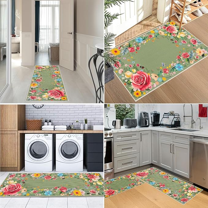 Green Floral Kitchen Mats for Floor, Red Rose Flower Boho Kitchen Rugs Sets of 2, Non Skid Washable Rubber Runner Rugs, Spring Home Decor Accessories 17x30 and 17x47 Inch