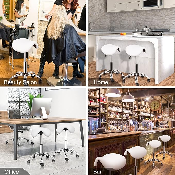 OmySalon Adjustable Saddle Stool with Footrest, Hydraulic Rolling Salon Chair, 360° Swivel Wheels Ergonomic Stool for Hair Stylists, Tattoo Artists, Office, Spa, Massage, Dental (White)