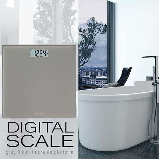 Taylor Digital Scales for Body Weight, 350 LB Capacity Bathroom Scale, 11.0 x 11.0 Inch Durable Glass Platform, Battery Powered, Easy to Read, Gray