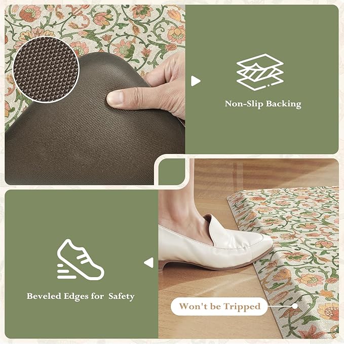 KIMODE Padded Kitchen Floor Mats Cushioned Anti Fatigue,3/4 Inch Comfort Memory Foam Ergonomic Standing Carpet for Office Desk,Boho Vintage Sink Rug Non Slip for Laundry,Green/Orange