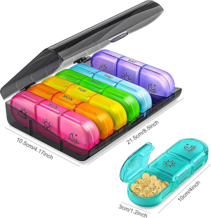 Weekly Pill Organizer 3 Times a Day, Portable Travel Pill Box 7 Day with Large Pill Containers, Daily Pill Box with 21 Compartments, Light-Proof Pill Container for Medications, Vitamins, Fish Oils