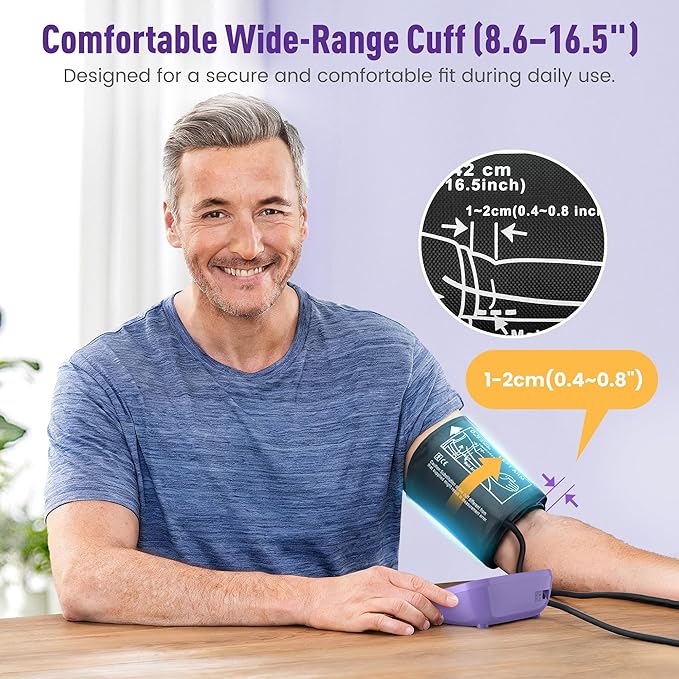 Upper Arm Blood Pressure Monitor with Wide Cuff, Automatic Digital BP Machine for Home Use, Large Backlit Display, Irregular Heartbeat Detection, Includes Storage Bag & 2×60 Memory (Purple)