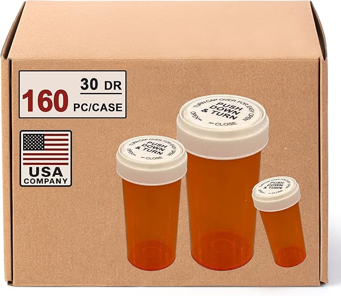 30 Dram Large Size Push Down and Turn Vials for Pharmacy – 160 Pcs Empty Pill Bottles, Pill Bottles with Reversible Caps, Mini Pill Organizer Containers, Small Travel Pill Dispenser for Bulk Use