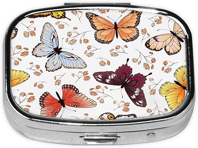 Pill Box-2 Compartment Small Pill Case Square Organizer Case with Mirror Portable Metal Medicine Box Travel Container for Pocket & Purse Women Men（Butterfly）