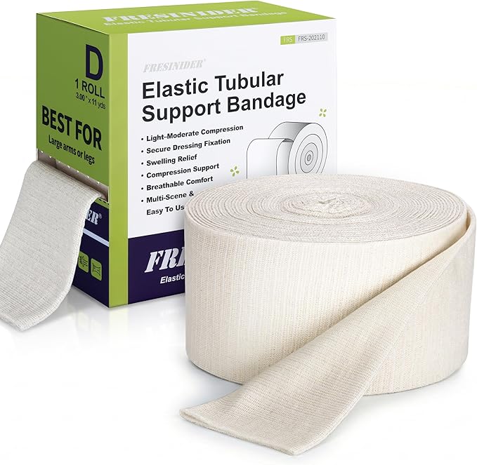 FRESINIDER Size D Elastic Tubular Support Bandage (3" x 11 Yards) – Light to Moderate Compression Roll for Forearm, Elbow & Ankle, Breathable Stretch Stockinette