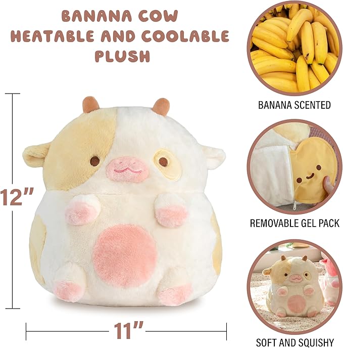 Heatable Scented Cow Plush for Period Cramp Relief & Emotional Support, Microwavable Soft Toy Plushies, Coolable Stuffed Animal for Anxiety, Cute Heating Pad for Pain Relief (Banana)