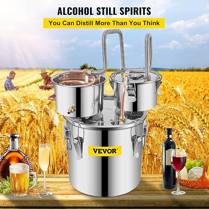 VEVOR Alcohol Still 8GAL/30L, Alcohol Distiller with Thumper Keg, Distillery Kit for Alcohol with Copper Tube & Build-in Thermometer & Water Pump