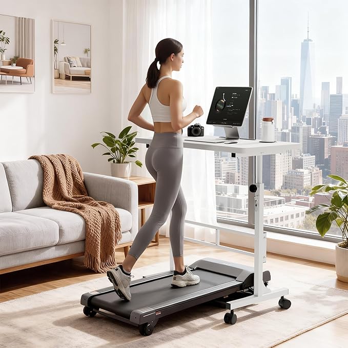 Furmax Small Portable Standing Desk Adjustable Height, Mobile Stand Laptop Computer Workstation with Lockable Wheels for Walking Pad Treadmill (White)