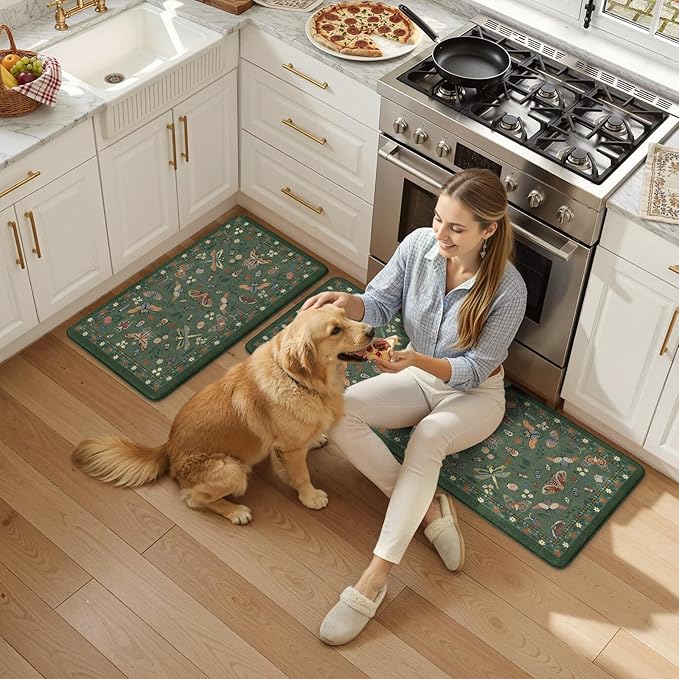 LEEVAN Anti Fatigue Mats for Kitchen Floor Non-Slip, Cushioned Kitchen Mats for Floor 20''x31''+20''x47'', Green Memory Foam Kitchen Mat Set