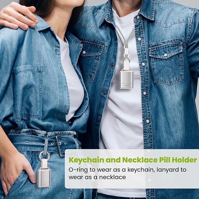 Keychain Pill Holder Necklace, KOVIUU Magnetic Pill Organizer, Aluminum Pill Case, Mini Metal Pill Box, Nitroglycerin Emergency Medicine Carrier Key Chain Container for Purse Pocket, Silver