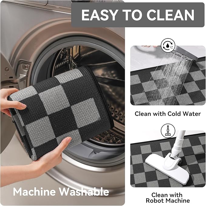 Kitchen Runner Rugs Non Slip Washable, Super Absorbent Kitchen Mats for Floor, Linen-Look Woven Sink Mat Standing Mat, Easy Clean, Black Gray Checkered 17"x59"