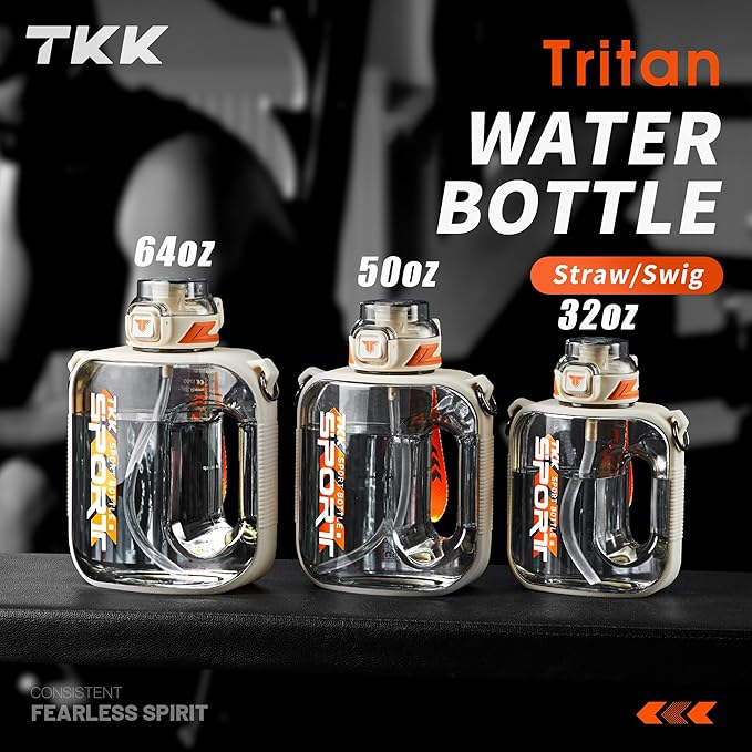 TKK Half Gallon Water Bottle Jug with Straw Large Capacity Plastic Water Bottle Dishwasher Safe 1/2 Gallon 50 Oz Water Bottle Jug BPA Free Tritan for Gym Yoga Travel Camping Outdoor