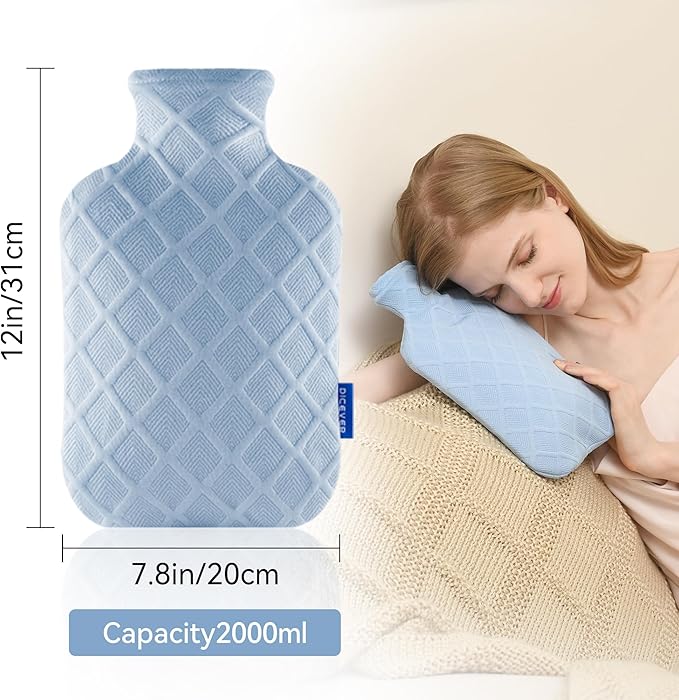 Hot Water Bottle with Soft Cover, 2L Hot Water Bag, Hot and Cold Therapies for Sore Muscles, Menstrual Cramps, Neck and Shoulder Pain Relief, Great for Women, Childs, Blue