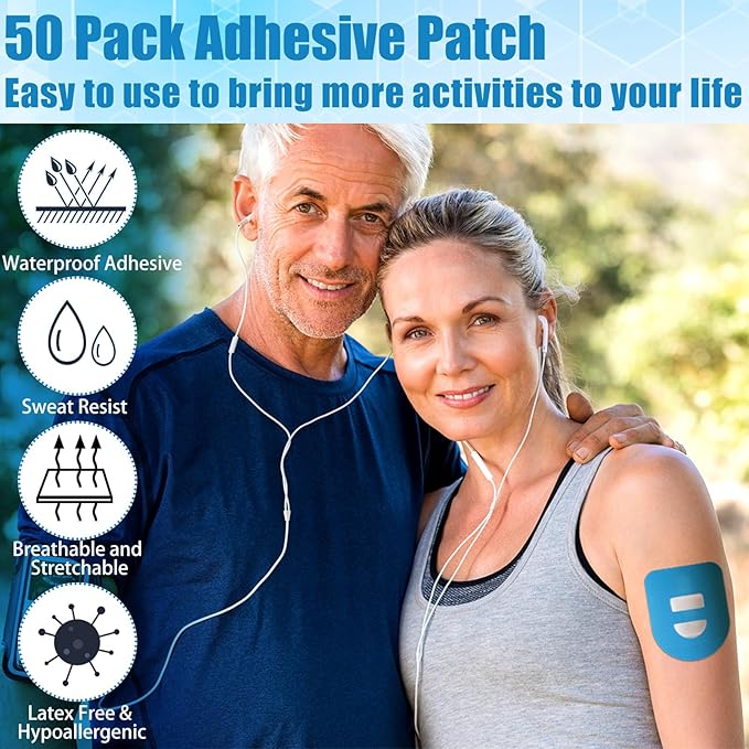 Nuanchu 50 Pieces 5 Adhesive Patches Compatible with Omnipod Waterproof & Sweatproof Pre-Cut Medical Tape Diabetic Sensor Covers Continuous Glucose Monitor Protection(Blue)