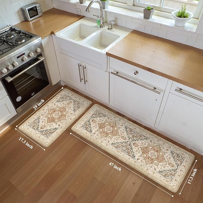 Kitchen Mats Cushioned Anti Fatigue Mats for Kitchen Floor, Non-Skid Waterproof Kitchen Rugs Padded Comfort Standing Desk Mat for Home Office Laundry Sink(Tan & Grey)