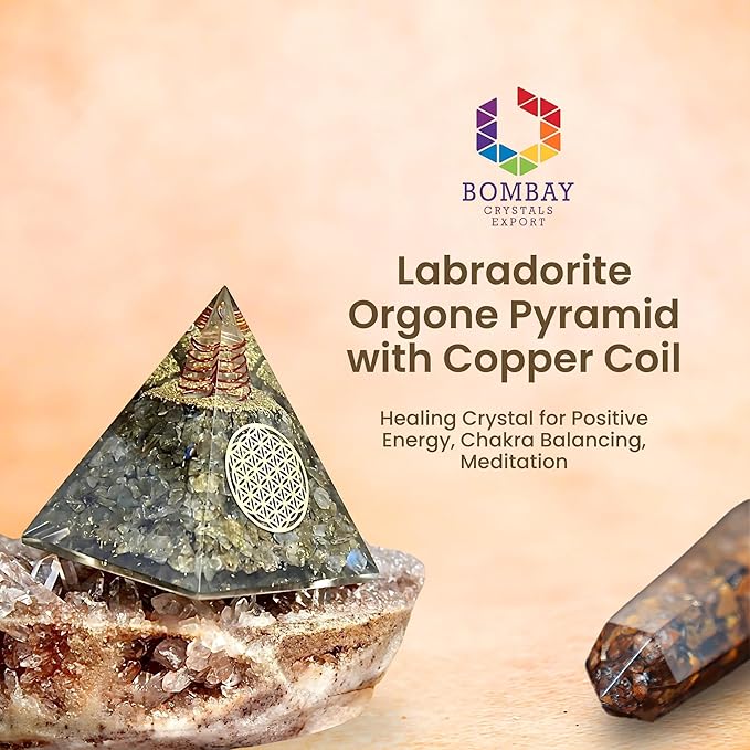 Labradorite Orgone Pyramid Handmade – Orgonite Crystal Pyramid with Copper Coil – Meditation Decor, Spiritual Desk Accent, Chakra Inspired Home & Office Gift