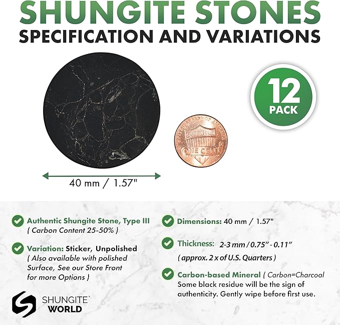 12 pcs Authentic Shungite Stickers Unpolished 40 mm / 1.57" Genuine Healing Energy Stone Protection Plate for Cell Phone Case Tablet Laptop Computer Noble Gemstone Protector Crystal