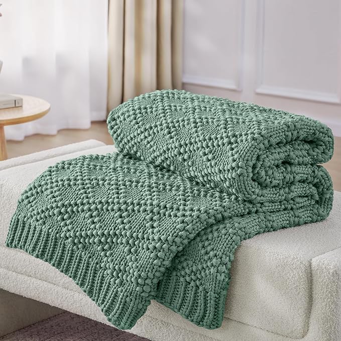 Knitted Weighted Blanket for Adult, Chunky Knit Weighted Throw for Sleep 60"*80" 12lbs, Cooling Breathable Machine Washable Heavy Blanket for Room Decor (HazeGreen, Queen)