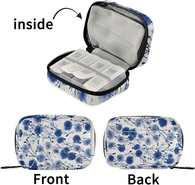 Chinoiserie Cornflowers Blue Travel Pill Organizer Case Box Container Weekly Portable Vitamin Medicine Holder Storage Bag with Zipper Removable