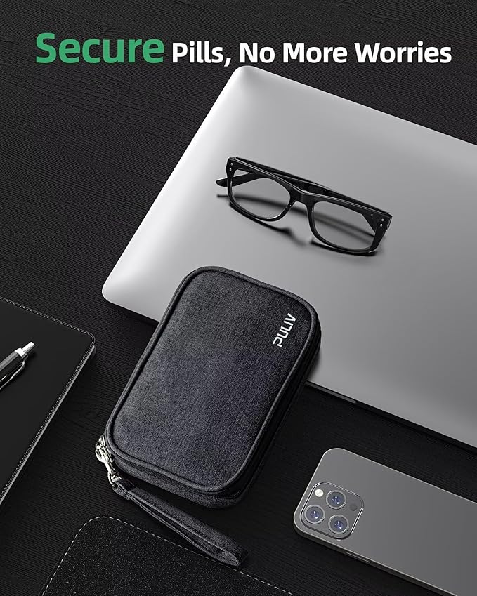 PULIV Weekly Pill Organizer 4 Times a Day with a Business Stylish Bag, Portable Pill Box 7 Day with 28 Compartments for Men, Removable Pill Sorters to Store Vitamin, Medication, Fish Oil, Supplements