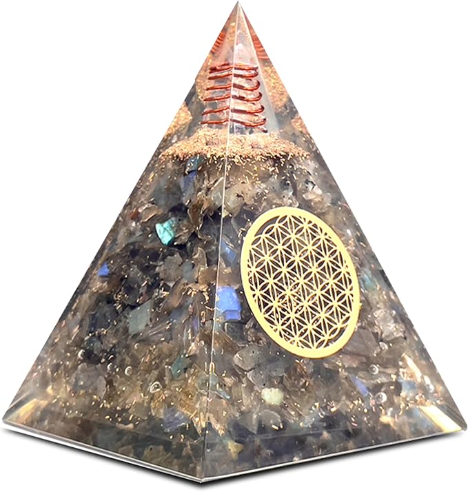 Labradorite Orgone Pyramid Handmade – Orgonite Crystal Pyramid with Copper Coil – Meditation Decor, Spiritual Desk Accent, Chakra Inspired Home & Office Gift