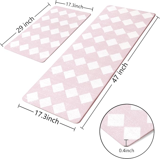 Pink Moroccan Trellis Checkered Kitchen Rug Sets [2 PCs], Anti-Fatigue, Waterproof Non-Slip Kitchen Mats Heavy Duty Ergonomic Comfort Foam Rug for Floor, Home, Laundry,17"x29"+17"x47"